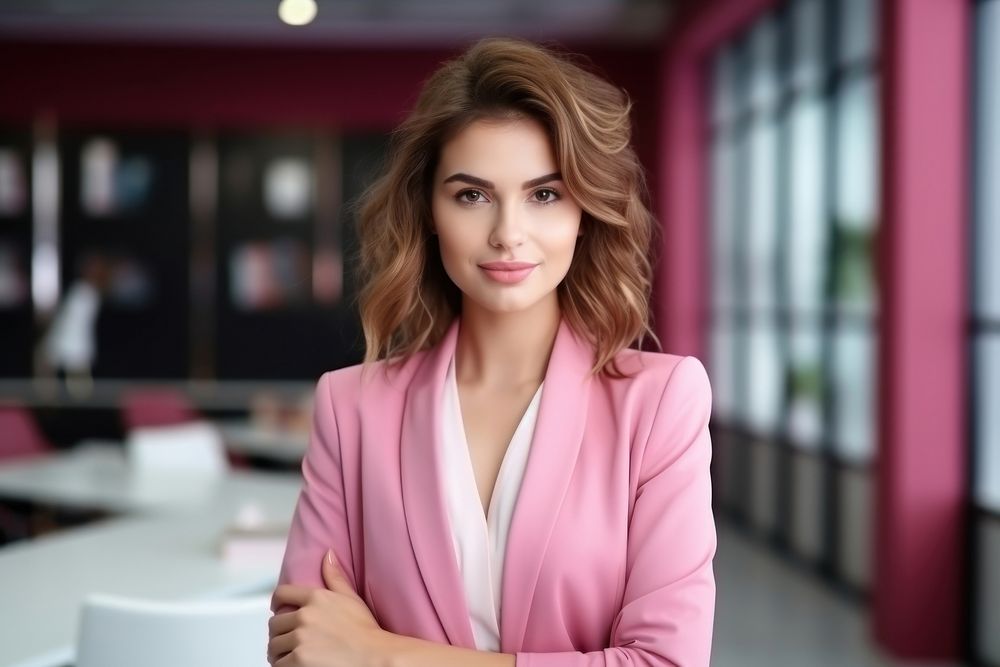 Woman in pink suit portrait smiling looking. AI generated Image by rawpixel.