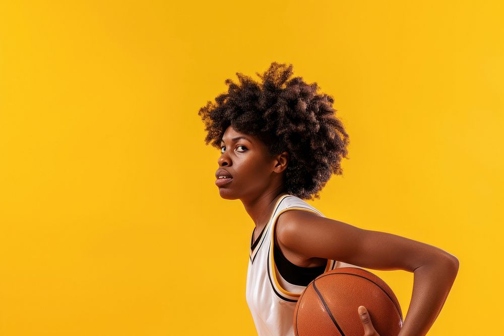 African American basketball player woman face portrait sports exercising.