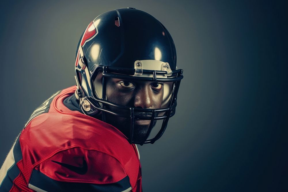African American football player face portrait helmet sports.