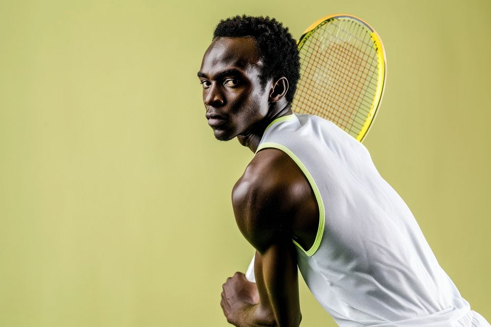 African American tennis player face portrait racket sports.