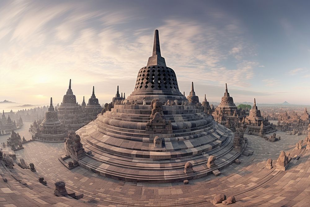 Borobudur architecture landscape panoramic. AI generated Image by rawpixel.