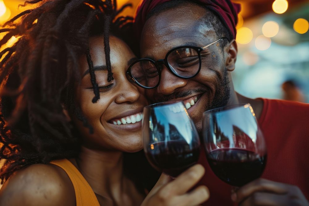 Happy black couple celebrating embracing laughing drinking.