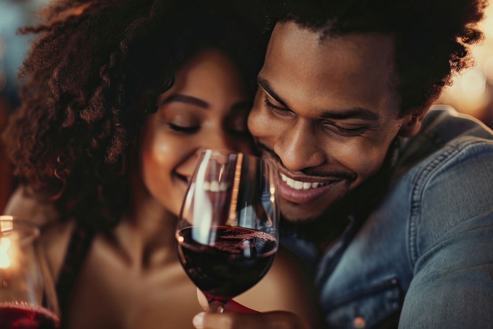 Happy black couple celebrating drinking portrait adult.