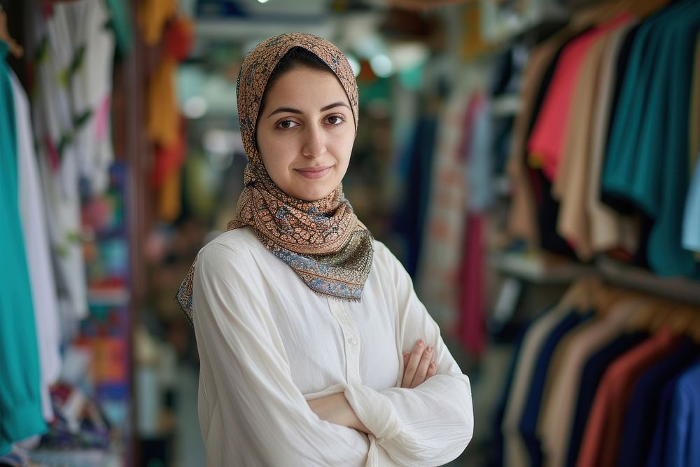 A arabwoman owner at clothing shop portrait scarf photo.