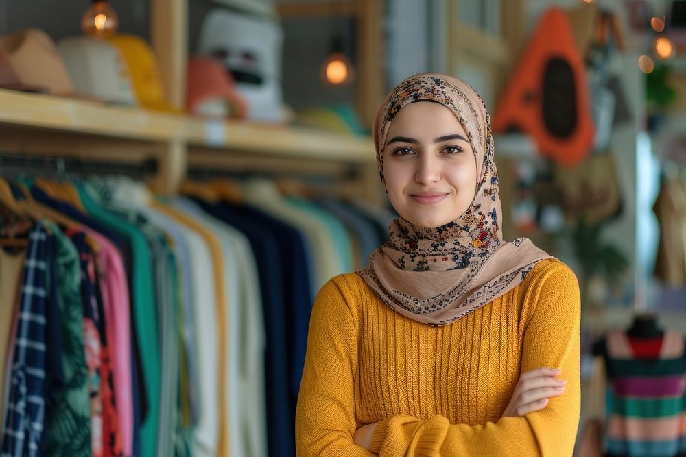 A arabwoman owner at clothing shop portrait smile adult.