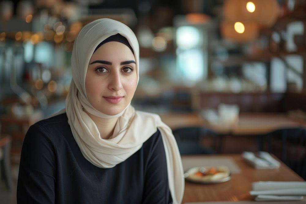 A arabwoman owner at restaurant portrait scarf adult.