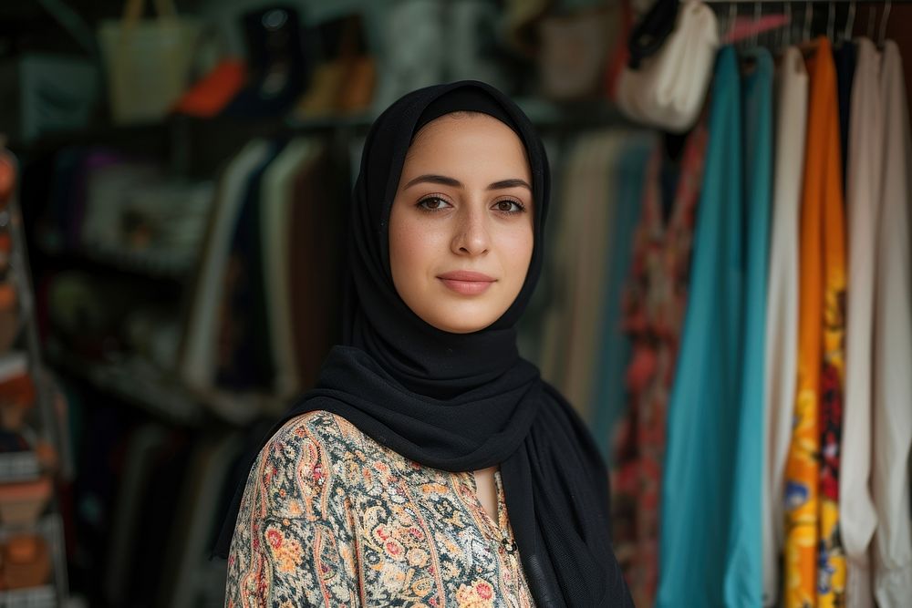 A middle eastwoman owner at clothing shop portrait scarf accessories.
