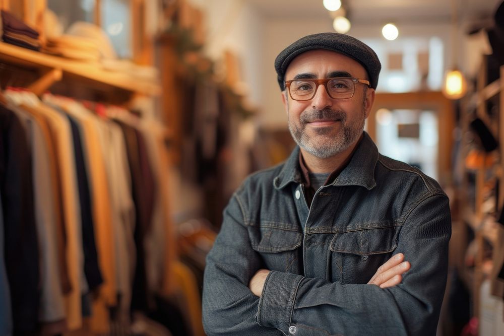 A middle eastman owner at clothing shop portrait glasses jacket.