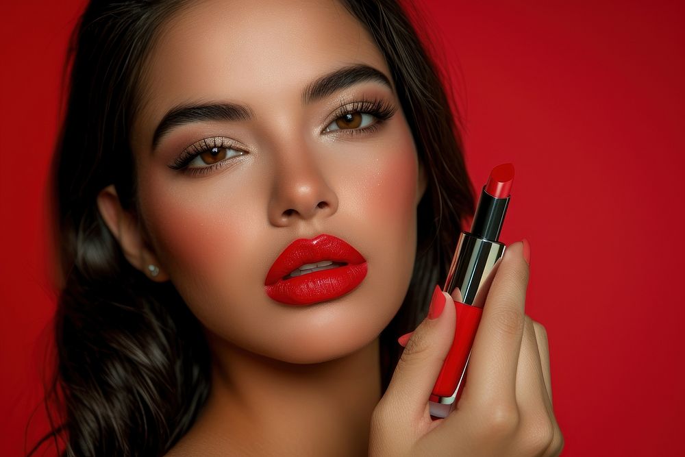 A latina Mexican model lipstick cosmetics holding.