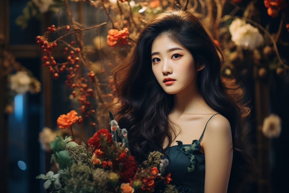 Korean woman with flowers photography portrait adult.