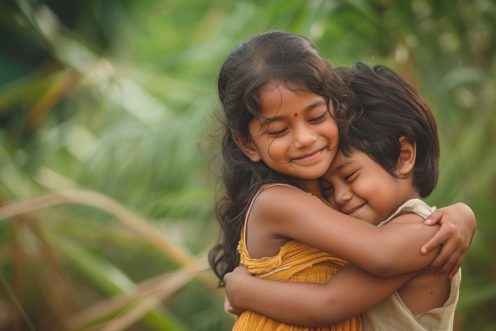 Indian sibling kids hugging and laugh person child love.
