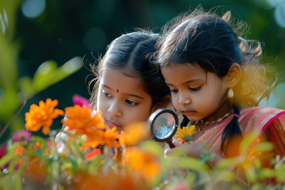 Two little girl Nepalese looking through a magnifying glass in the garden portrait person child.