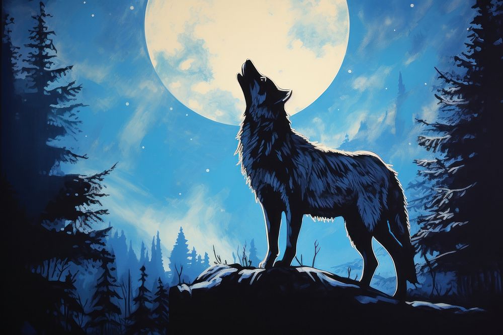 Wolf howling moon outdoors nature. AI generated Image by rawpixel.