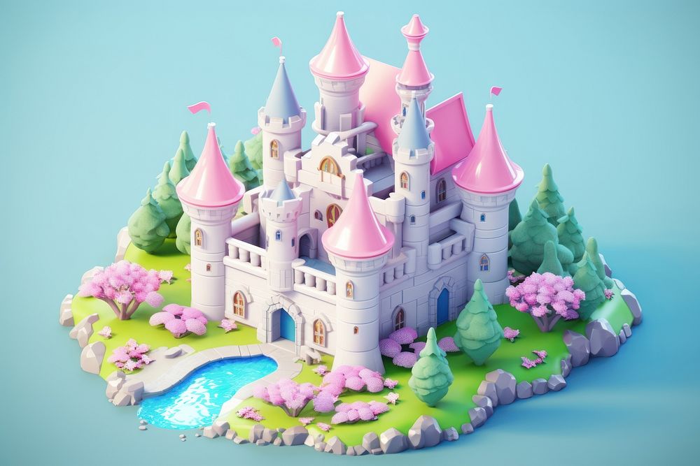 Cute color full fairy castle in spring outdoors representation architecture.