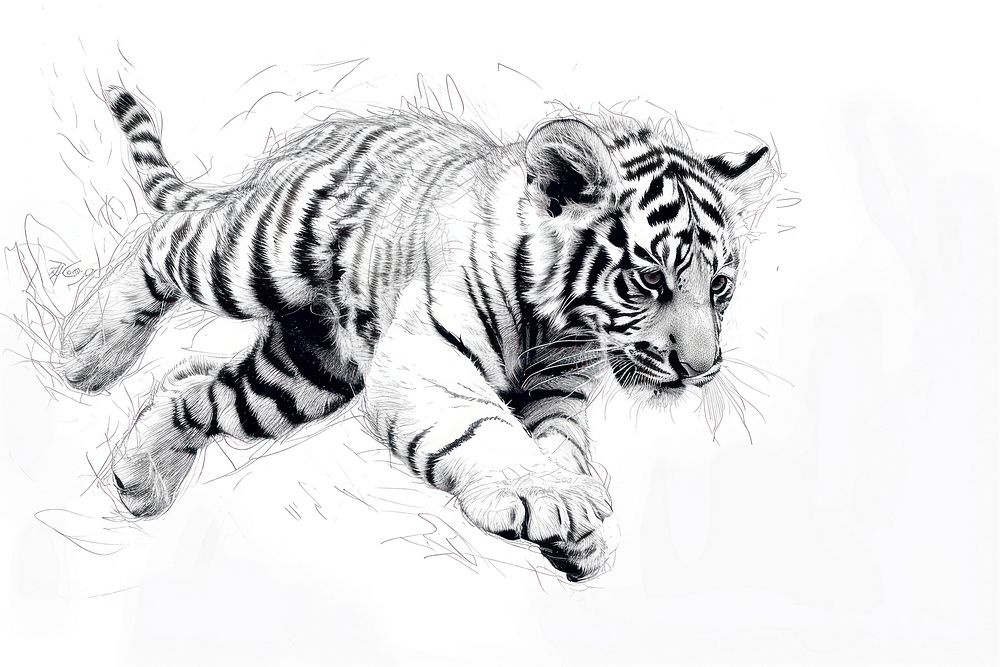 Tiger cub jump drawing wildlife animal.