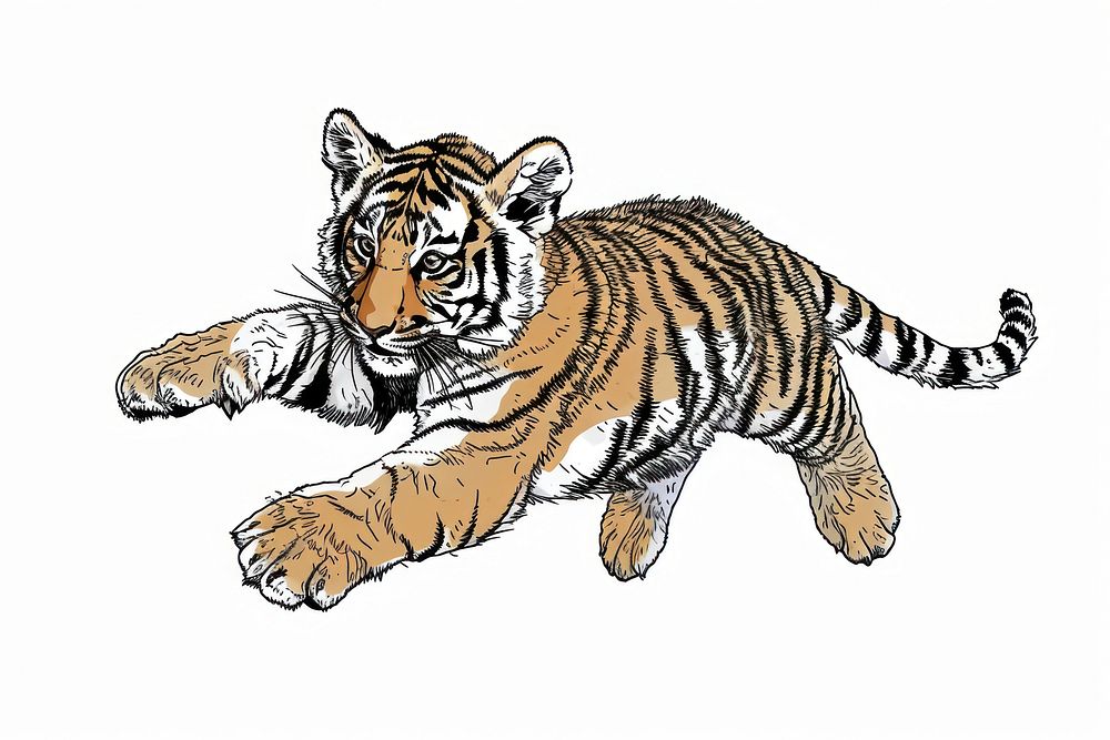 Tiger cub jump wildlife drawing animal.