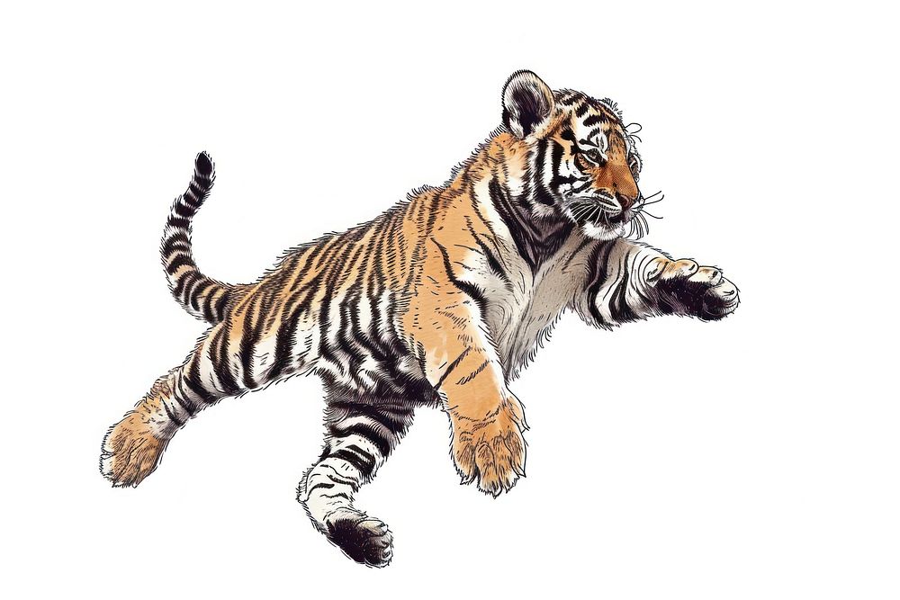 Tiger cub jump wildlife drawing animal.
