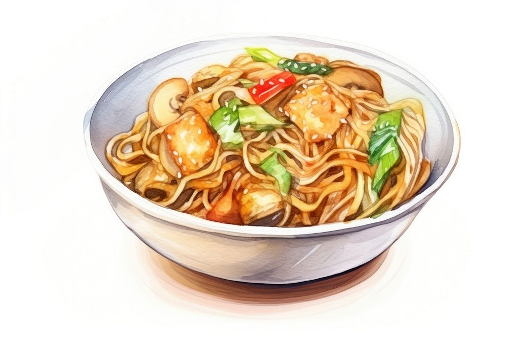 Watercolor chow mien noodle plate food. AI generated Image by rawpixel.