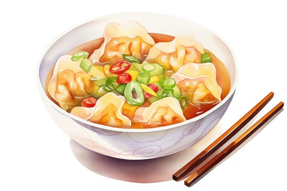 Watercolor wonton soup chopsticks food meal. AI generated Image by rawpixel.
