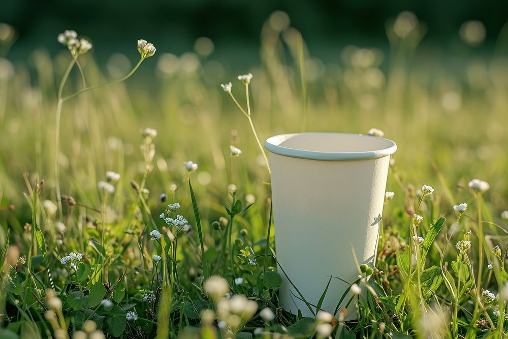 A paper cup was throw away  outdoors nature flower.