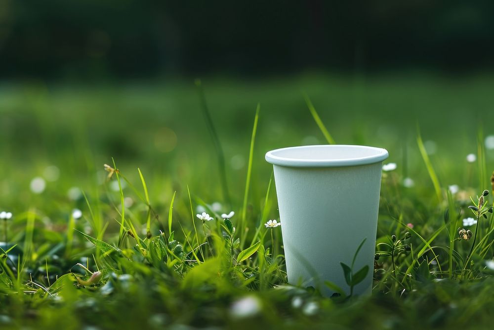 Paper cup mockup green grass plant.