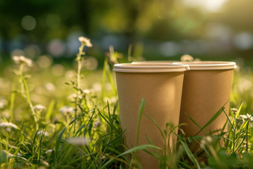 Used paper cups mockup outdoors nature flower.