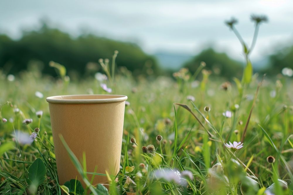 Used paper cups  flower field grassland.