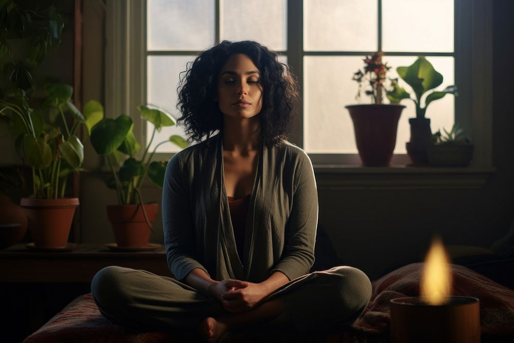 A Latina Mexican woman sits in quiet meditation sitting candle adult.