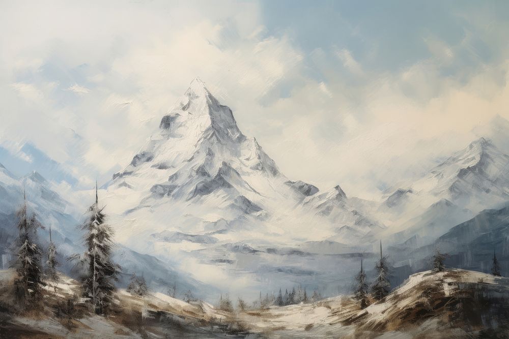 Snow mountain landscape painting nature.