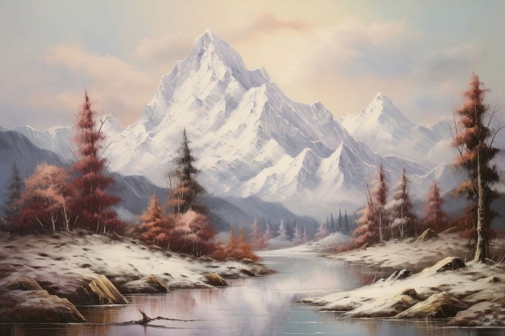 Snow mountain landscape painting outdoors.