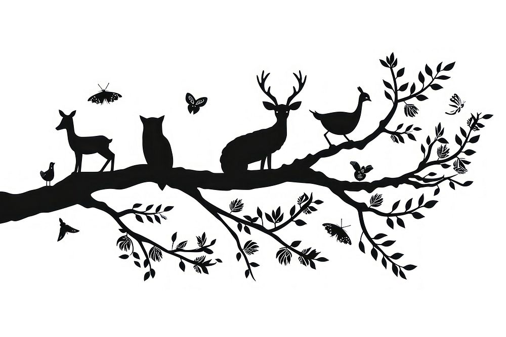 Branch with wildlife silhouette kangaroo drawing.