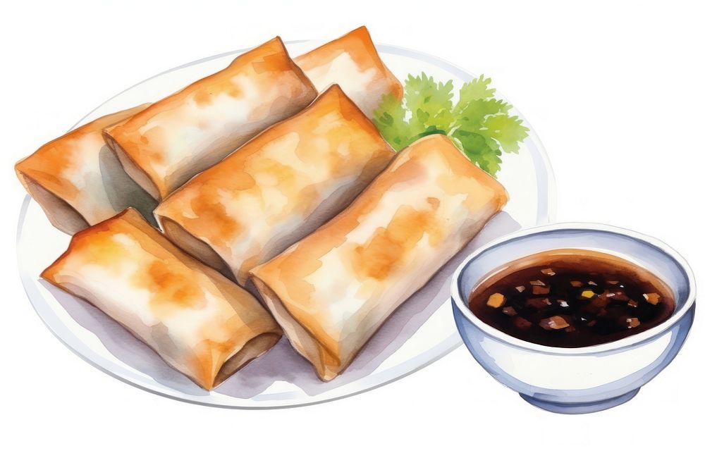 Chinese spring rolls watercolor plate food white background. AI generated Image by rawpixel.