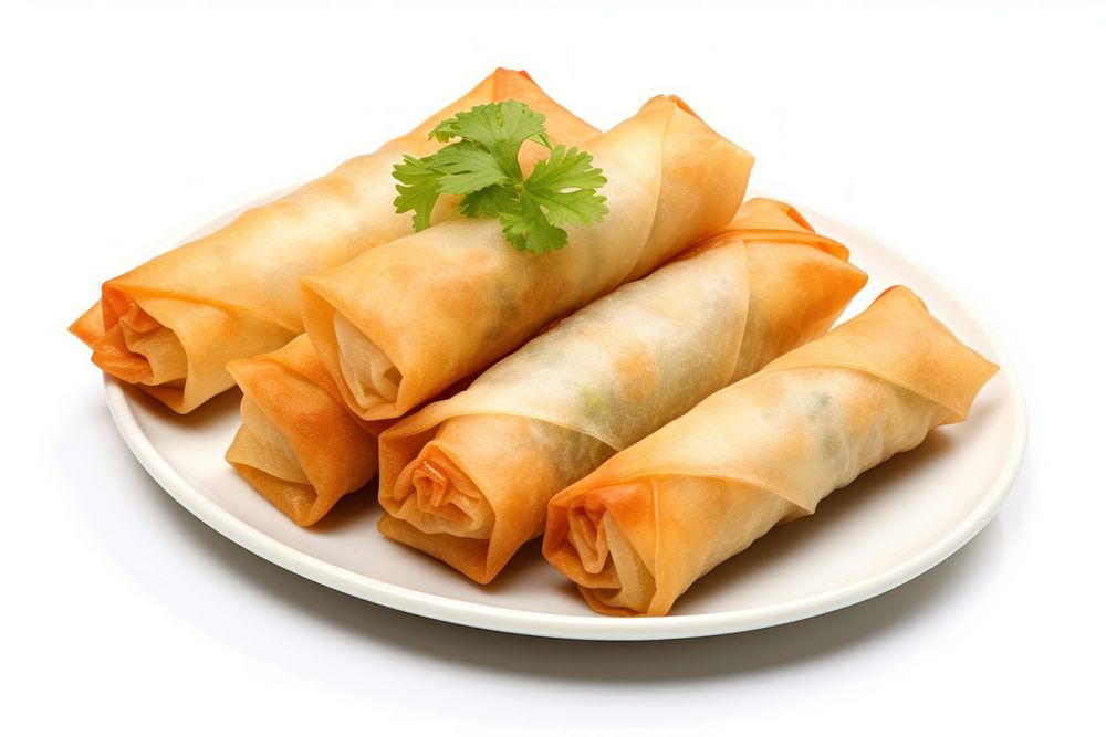 Chinese spring rolls plate food white background. AI generated Image by rawpixel.