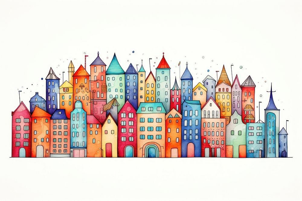 Colorful building skyline art drawing architecture.