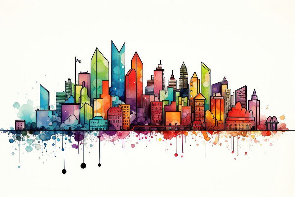 Colorful building skyline art drawing architecture.