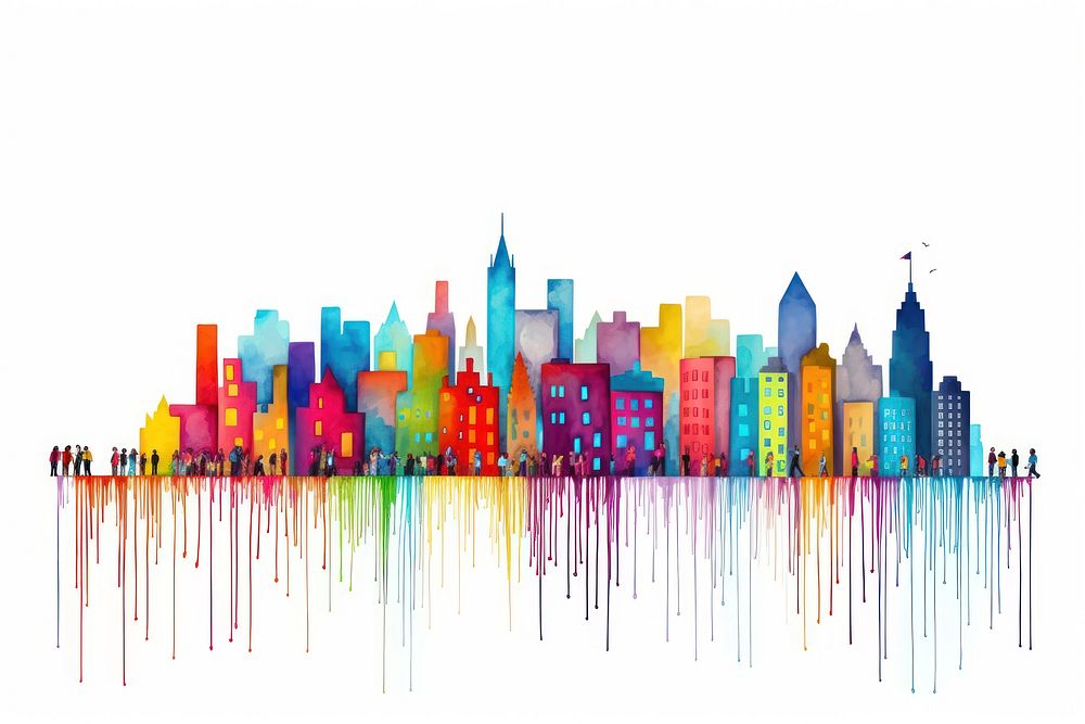 Colorful building skyline landscape outdoors drawing.