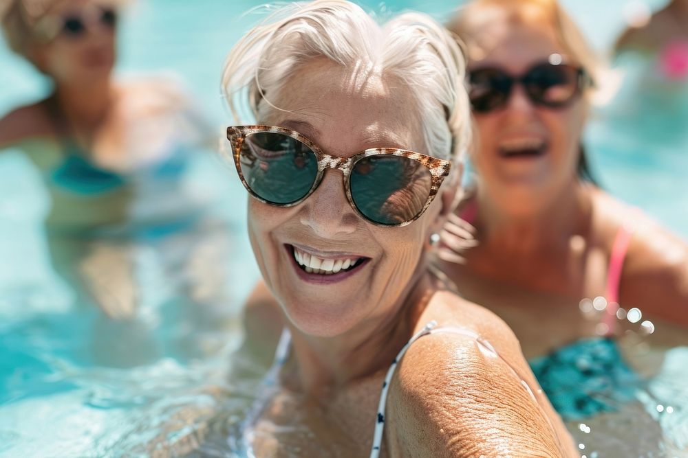 Woman wearing blank white swiming suit recreation sunglasses swimming.
