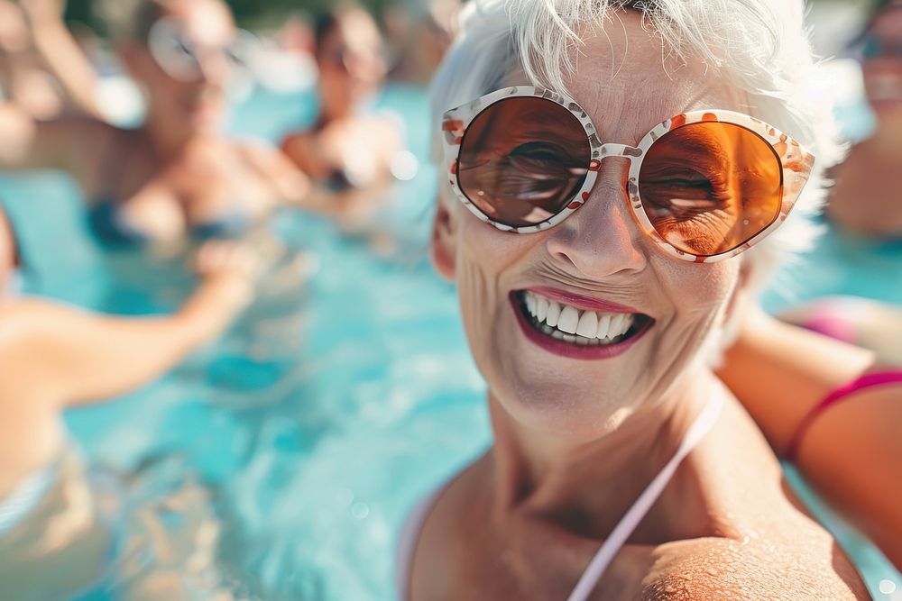 Woman wearing blank white swiming suit sunglasses laughing summer.