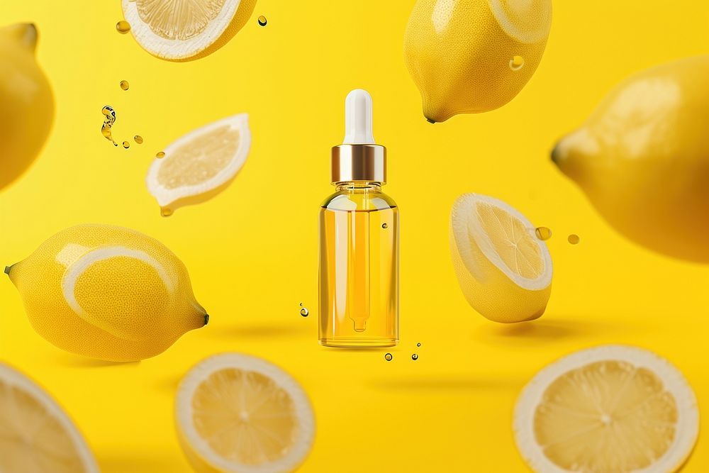 Serum bottle  lemon perfume yellow.