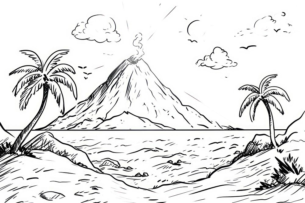 Dormant volcanoon an island drawing mountain outdoors.