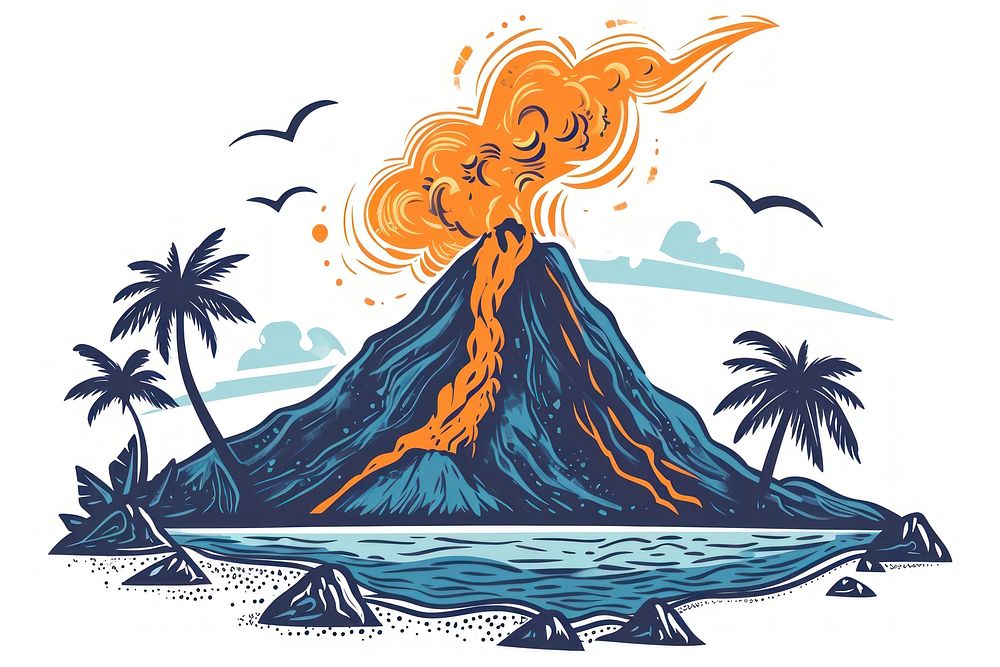 Erupting volcano on an island mountain outdoors drawing.