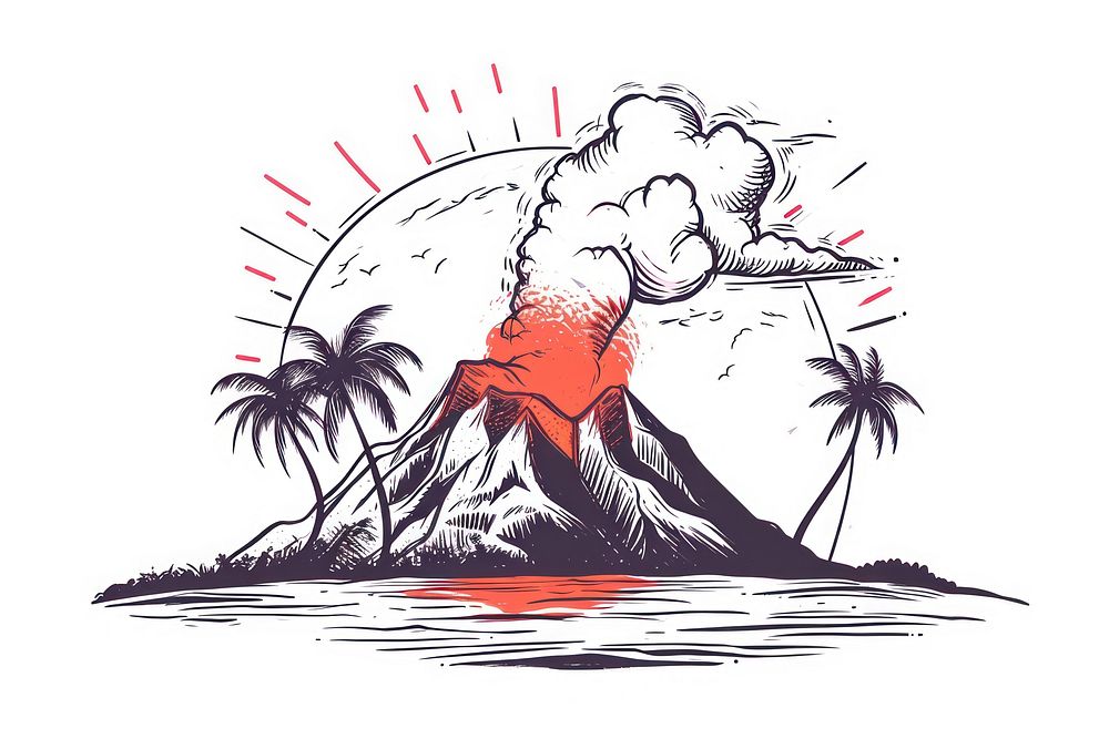 Erupting volcano on an island outdoors drawing art.