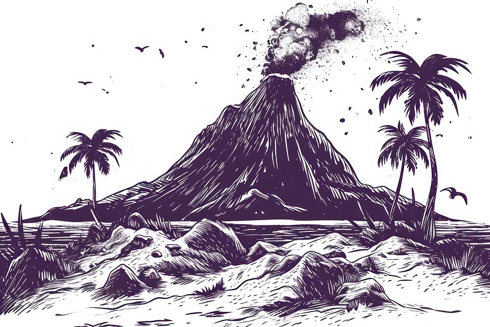 Erupting volcano on an island outdoors drawing nature.