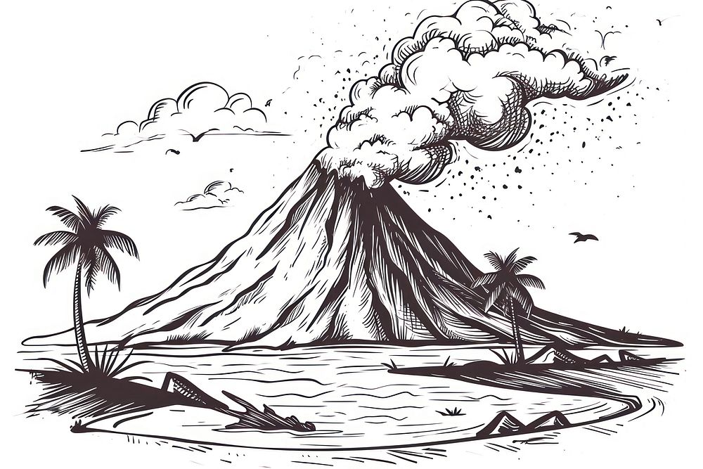 Erupting volcano on an island drawing mountain outdoors.