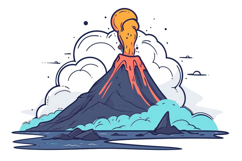 Erupting volcano on an island mountain outdoors drawing.