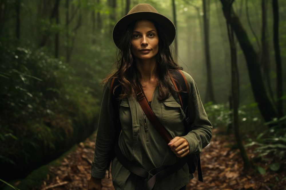 Brazilian woman outdoors forest adventure.