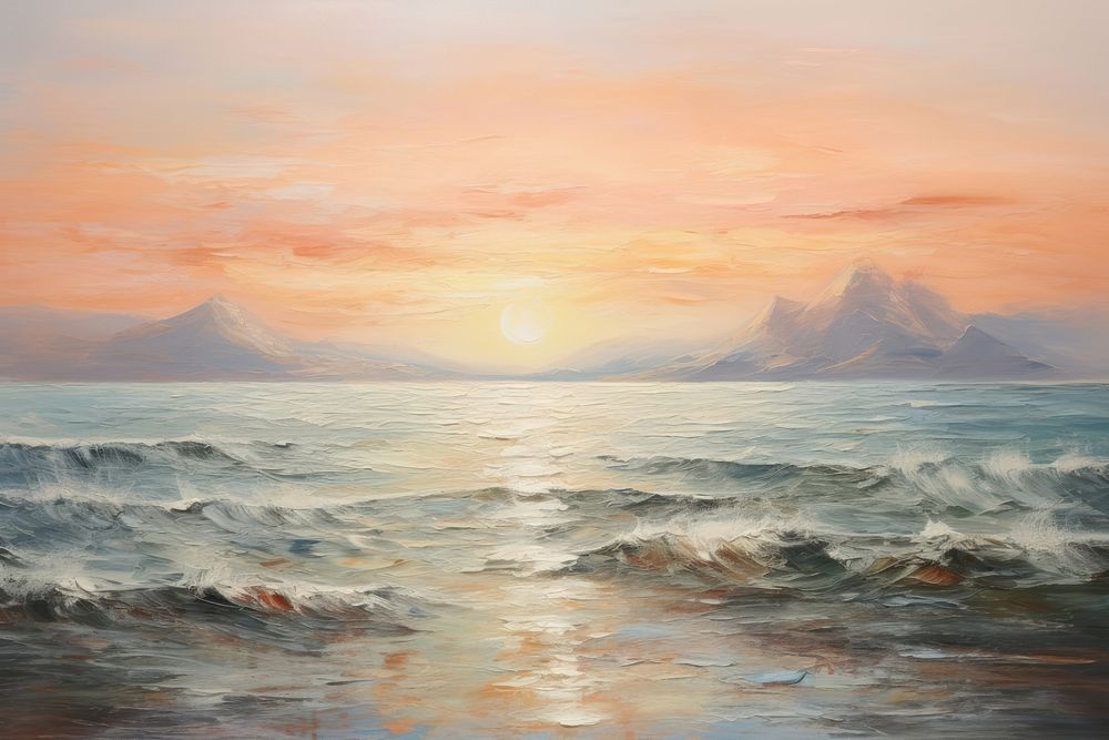Sea with sunrise landscapes painting outdoors horizon.