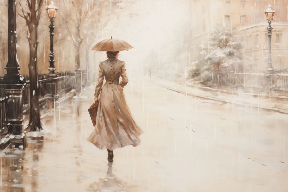 Woman walking on street with snow falling painting adult rain.