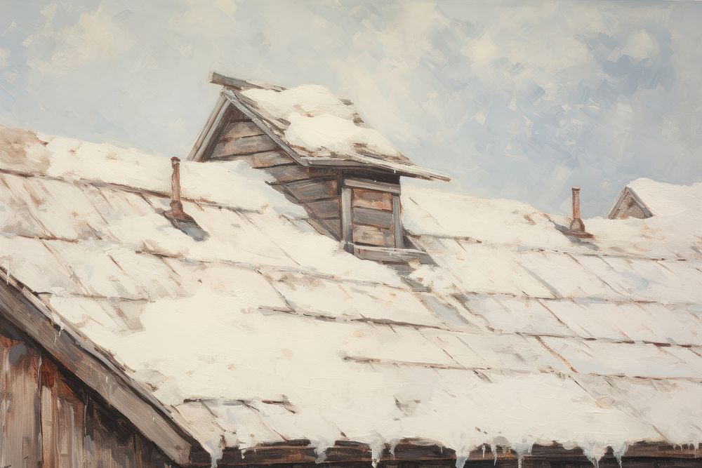 Snow covering roof of nouse architecture building painting.