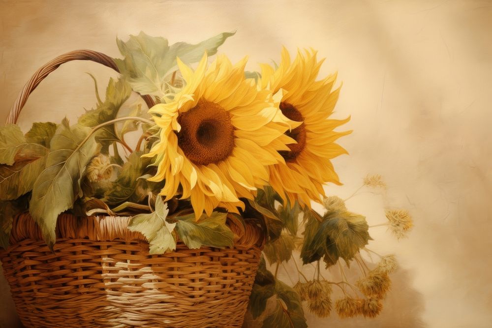 Sunflower in the wood basket painting plant petal.